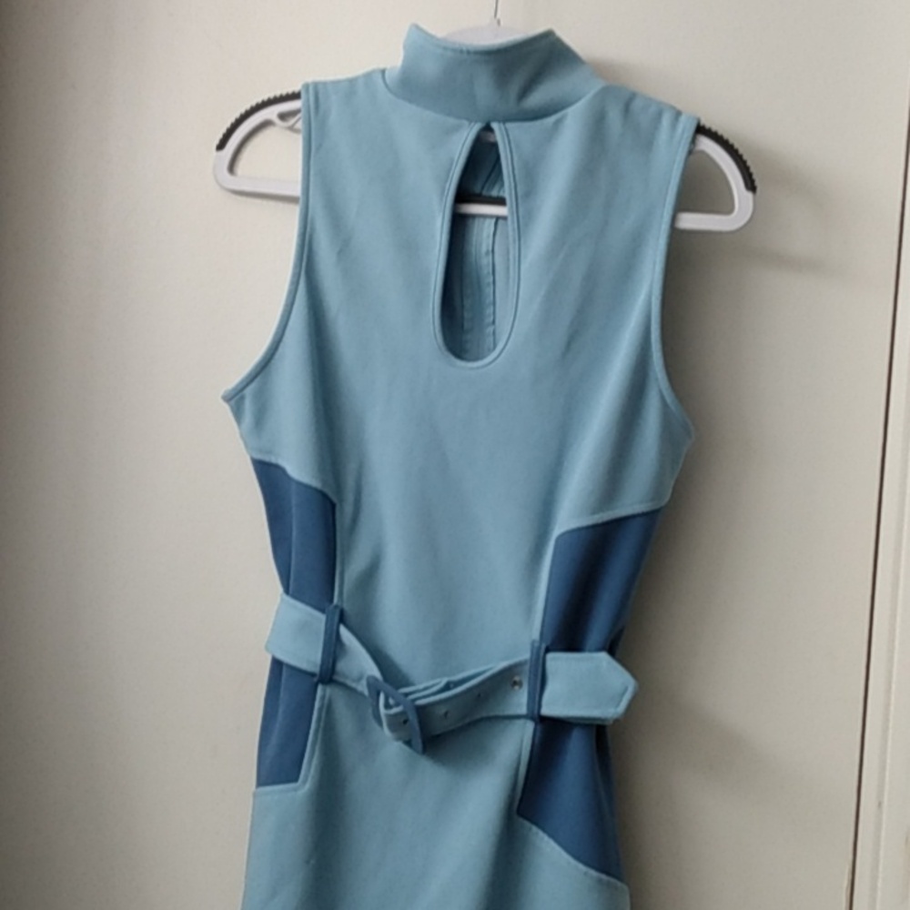 Retro baby blue above knee dress, Shein size Large, sleeveless zippered mockneck